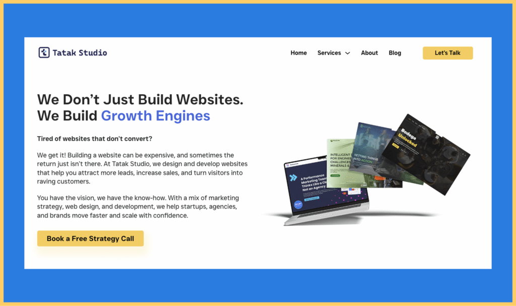 Screenshot of Tatak Studio's hero section of the home page.