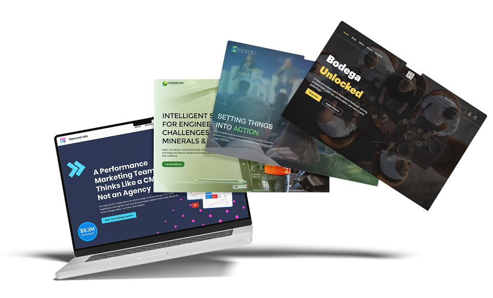 Laptop with mockups of sample websites